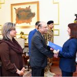 H.E. Mrs. Eleni Porichi, Ambassador-designate of the Hellenic Republic (Greece), presenting her credentials to President Asif Ali Zardari at Aiwan-e-Sadr