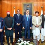 Acting President Syed Yousuf Raza Gilani meeting with Chaudhry Latif Akbar, Speaker of the AJK Legislative Assembly, former Prime Minister of AJK Raja Muhammad Farooq Haider Khan and MLA Hamid Raza at Aiwan-e-Sadr