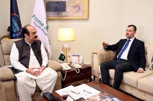 Chairman Prime Minister's Youth Programme, Rana Mashhood Ahmad Khan in a meeting with Yunus Sonmez Director General of Cabinet, Islamic Cooperation Youth Forum.