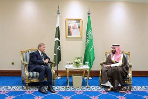 Prime Minister Muhammad Shehbaz Sharif meets the Crown Prince of Kingdom of Saudi Arabia H.E. Muhammad Bin Salman Al Saud on the sidelines of the emergency Arab-Islamic Summit in Qatar.