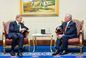 Prime Minister Muhammad Shehbaz Sharif meets the King of Jordan H.M. Abdullah II ibn al Hussein on the sidelines of the emergency Arab-Islamic Summit in Qatar.