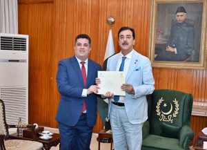 Acting President Syed Yousuf Raza Gilani presents a formal invitation to the Ambassador of the Syrian Arab Republic, Dr. Ramez Alraee, inviting the Speaker of the Syrian Parliament to participate in the forthcoming Inter-Parliamentary Speakers’ Conference (ISC) scheduled for November, 2025.