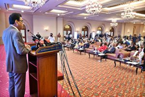 Federal Minister for Education and Professional Training Dr. Khalid Maqbool Siddiqui, addressing a Two-Day International Dialogue on "TVET in the shifting of Socio-Economic Pradigm" at local hotel.