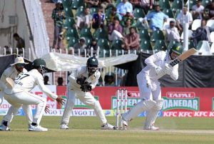 South Africa’s batter Ryan Rickelton plays a shot during the fourth day of the second Test match between Pakistan and South Africa at Rawalpindi Cricket Stadium.