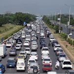 A view of massive traffic jam on Islamabad Expressway near Faizabad