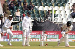Pakistan’s batter Asif Afridi bowled out by South Africa Keshav Maharaj during the second day of the second Test match between Pakistan and South Africa at the Rawalpindi Cricket Stadium.