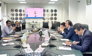 - Special Assistant to the Prime Minister Haroon Akhtar Khan being briefed by NTDC delegation in Ministry of Industries and Production.