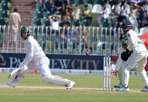 South Africa’s batter Ryan Rickelton plays a shot during the fourth day of the second Test match between Pakistan and South Africa at Rawalpindi Cricket Stadium.