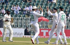 Pakistan’s batter Asif Afridi bowled out by South Africa Keshav Maharaj during the second day of the second Test match between Pakistan and South Africa at the Rawalpindi Cricket Stadium.