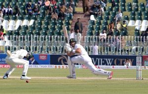 South Africa’s batter Ryan Rickelton plays a shot during the fourth day of the second Test match between Pakistan and South Africa at Rawalpindi Cricket Stadium.