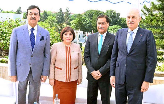 Speaker National Assembly Sardar Ayaz Sadiq in a group photo with Speaker of the Grand National Assembly of Turkiye Numan Kurtulmus, Speaker of the Milli Majlis of Azerbaijan Ms. Sahiba Gafarova and Chairman Senate of Pakistan Syed Yousaf Raza Gillani on the occasion of Third Trilateral Speakers Meeting of Azerbaijan, Pakistan and Turkiye at Parliament House