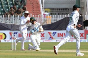 Pakistan’s batter Asif Afridi bowled out by South Africa Keshav Maharaj during the second day of the second Test match between Pakistan and South Africa at the Rawalpindi Cricket Stadium.