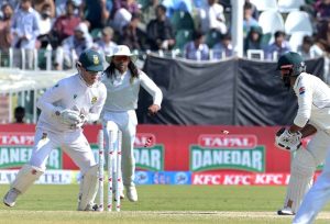 South Africa’s batter Ryan Rickelton plays a shot during the fourth day of the second Test match between Pakistan and South Africa at Rawalpindi Cricket Stadium.
