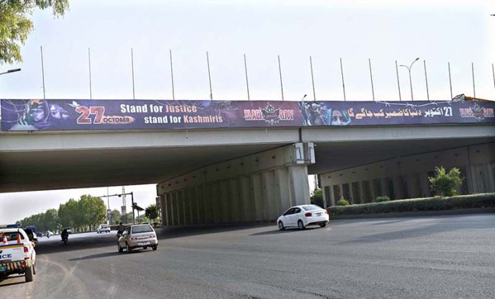 A view of banners displayed to mark October 27 as 'Black Day' to condemn the Indian atrocities against Kashmiris and the Indian illegal occupation of Kashmir on October 27, 1947. Every year, the day is marked to express solidarity and support with Kashmiri people in their struggle for right to self-determination