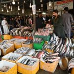 People Purchasing fresh sea food from vendor at G-9 weekly bazaar in the Federal Capital.