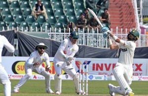 Pakistan’s batter Asif Afridi bowled out by South Africa Keshav Maharaj during the second day of the second Test match between Pakistan and South Africa at the Rawalpindi Cricket Stadium.