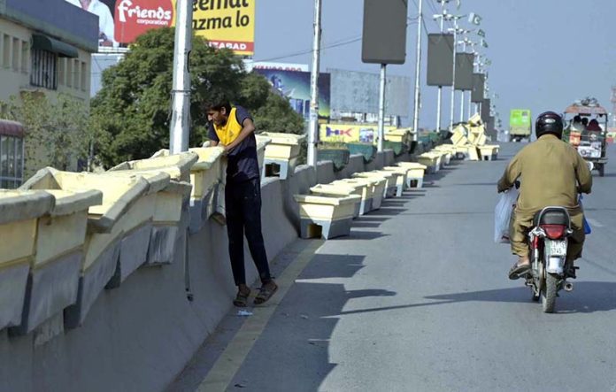 A worker placing plant pots on the Six Road Flyover as part of beautification efforts in the city