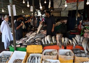 People Purchasing fresh sea food from vendor at G-9 weekly bazaar in the Federal Capital.