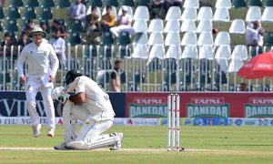Pakistan’s batter Asif Afridi bowled out by South Africa Keshav Maharaj during the second day of the second Test match between Pakistan and South Africa at the Rawalpindi Cricket Stadium.