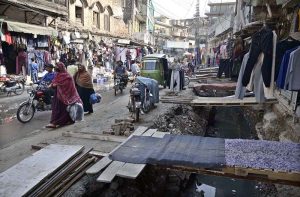 A view of the ongoing development work by the Rawalpindi Development Authority (RDA) to clean, extend and cover the open sewage drain, aimed at ensuring a cleaner and healthier environment for local residents.