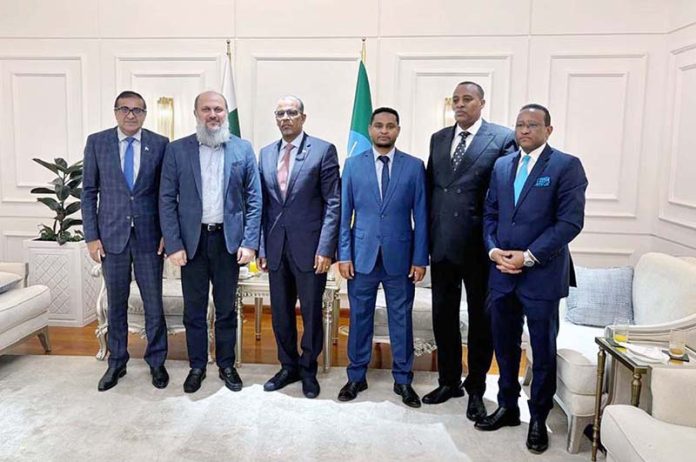 Federal Minister for Commerce Jam Kamal Khan arriving at Addis Ababa Bole International Airport, warmly received by H.E. Burhanu Tsegeye, Minister of State for Foreign Affairs and Abdul Hakim Mulu, Minister of State for Trade and Regional Integration of Ethiopia, along with Pakistani embassy officials, ahead of the 5th Pakistan-Africa Trade Development Conference and Single Country Exhibition