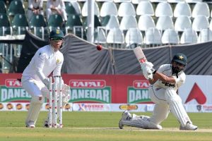 Pakistan’s batter Asif Afridi bowled out by South Africa Keshav Maharaj during the second day of the second Test match between Pakistan and South Africa at the Rawalpindi Cricket Stadium.