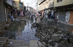 A view of the ongoing development work by the Rawalpindi Development Authority (RDA) to clean, extend and cover the open sewage drain, aimed at ensuring a cleaner and healthier environment for local residents.