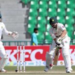 Pakistan’s batsman Salman Agha plays a shot on the second day of the first Test match between Pakistan and South Africa at the Gaddafi Stadium