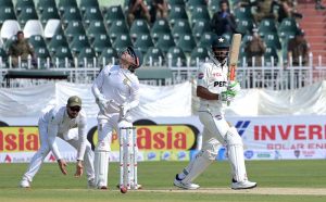 Pakistani batter Abdullah Shafique plays a shot during the first day of the second Test match between Pakistan and South Africa at the Rawalpindi Cricket Stadium.