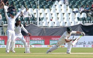 Pakistan’s batter Asif Afridi bowled out by South Africa Keshav Maharaj during the second day of the second Test match between Pakistan and South Africa at the Rawalpindi Cricket Stadium.