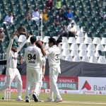 Pakistani players celebrates after taking wicket of South Africa’s batsman Simon Harmer during third day of the second Test match between Pakistan and South Africa at Rawalpindi Cricket Stadium.