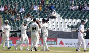 Pakistani players celebrates after taking wicket of South Africa’s batsman Simon Harmer during third day of the second Test match between Pakistan and South Africa at Rawalpindi Cricket Stadium.