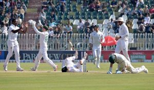 South Africa’s players celebrate after the run-out of Pakistani batter Shaheen Afridi during the fourth day of the second Test match between Pakistan and South Africa at Rawalpindi Cricket Stadium.