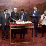 Federal Minister for Education and Professional Training, Dr. Khalid Maqbool Siddiqui, Minister of State / Special Assistant to the Prime Minister on Digital Media, Fahd Haroon and others join Ladislav Steinhübel, Ambassador of the Czech Republic to Pakistan to cut cake during a reception hosted by the Embassy of the Czech Republic in Islamabad to commemorate the Czech National Day and the 75th anniversary of diplomatic relations between the Czech Republic and Pakistan