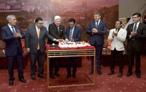 Federal Minister for Education and Professional Training, Dr. Khalid Maqbool Siddiqui, Minister of State / Special Assistant to the Prime Minister on Digital Media, Fahd Haroon and others join Ladislav Steinhübel, Ambassador of the Czech Republic to Pakistan to cut cake during a reception hosted by the Embassy of the Czech Republic in Islamabad to commemorate the Czech National Day and the 75th anniversary of diplomatic relations between the Czech Republic and Pakistan