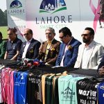 Polo Club President Malik Azam Hayat Noon with others addressing a press conference on the occasion of the Pink Cup organized by the Polo Club.