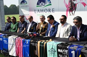 Polo Club President Malik Azam Hayat Noon with others addressing a press conference on the occasion of the Pink Cup organized by the Polo Club.
