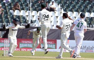 Pakistani players celebrates after taking wicket of South Africa’s batsman Simon Harmer during third day of the second Test match between Pakistan and South Africa at Rawalpindi Cricket Stadium.