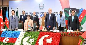 Speaker National Assembly Sardar Ayaz Sadiq along with Speaker of the Grand National Assembly of Turkiye Numan Kurtulmus, Speaker of the Milli Majlis of Azerbaijan Ms. Sahiba Gafarova and Chairman Senate of Pakistan Syed Yousaf Raza Gillani listening to the National Anthem on the occasion of Inaugural Session of the Third Trilateral Speakers Meeting of Azerbaijan, Pakistan and Turkiye at Parliament House
