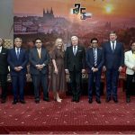 Federal Minister for Education and Professional Training, Dr. Khalid Maqbool Siddiqui, Minister of State / Special Assistant to the Prime Minister on Digital Media, Fahd Haroon, Ladislav Steinhübel, Ambassador of the Czech Republic to Pakistan and others in a group photo during a reception hosted by the Embassy of the Czech Republic in Islamabad to commemorate the Czech National Day and the 75th anniversary of diplomatic relations between the Czech Republic and Pakistan