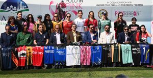 Polo Club President Malik Azam Hayat Noon with others addressing a press conference on the occasion of the Pink Cup organized by the Polo Club.