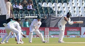 Pakistan’s batter Asif Afridi bowled out by South Africa Keshav Maharaj during the second day of the second Test match between Pakistan and South Africa at the Rawalpindi Cricket Stadium.