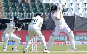 Pakistani players celebrates after taking wicket of South Africa’s batsman Simon Harmer during third day of the second Test match between Pakistan and South Africa at Rawalpindi Cricket Stadium.