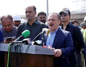 Sindh Minister for Information and Transport, Sharjeel Inam Memon, talking to media persons regarding the ongoing development work on the Taj Haider Bridge.