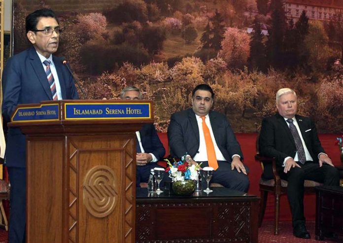 Federal Minister for Education and Professional Training, Dr. Khalid Maqbool Siddiqui addresses during a reception hosted by the Embassy of the Czech Republic in Islamabad to commemorate the Czech National Day and the 75th anniversary of diplomatic relations between the Czech Republic and Pakistan