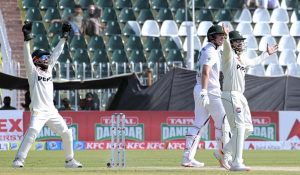 Pakistani players celebrates after taking wicket of South Africa’s batsman Simon Harmer during third day of the second Test match between Pakistan and South Africa at Rawalpindi Cricket Stadium.