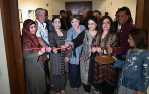 Chairperson of Benazir Income Support Programme (BISP), Senator Rubina Khalid, cutting the ribbon to inaugurate the exhibition “Sindhu Sur (Melody of Sindhu)” at PNCA. The exhibition, organized in collaboration with Nomad Gallery and curated by Nageen Hyat, celebrates the cultural and artistic spirit of Sindh, featuring a diverse group of talented artists