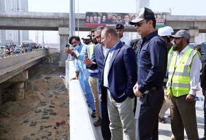 Sindh Minister for Information and Transport, Sharjeel Inam Memon, talking to media persons regarding the ongoing development work on the Taj Haider Bridge.