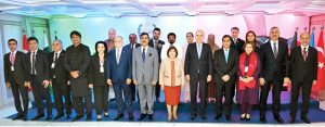 Speaker National Assembly Sardar Ayaz Sadiq along with Speaker of the Grand National Assembly of Turkiye Numan Kurtulmus, Speaker of the Milli Majlis of Azerbaijan Ms. Sahiba Gafarova and Chairman Senate of Pakistan Syed Yousaf Raza Gillani listening to the National Anthem on the occasion of Inaugural Session of the Third Trilateral Speakers Meeting of Azerbaijan, Pakistan and Turkiye at Parliament House