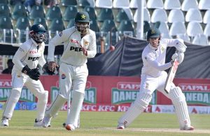 Pakistani players celebrates after taking wicket of South Africa’s batsman Simon Harmer during third day of the second Test match between Pakistan and South Africa at Rawalpindi Cricket Stadium.